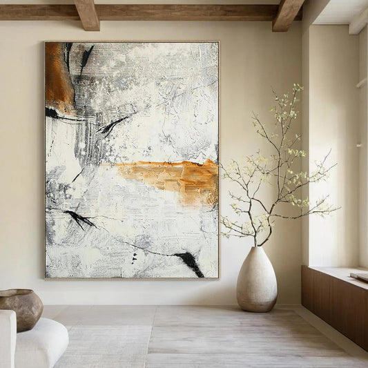 Abstract Textures in Gray, White, and Orange - Abstract Painting On Canvas DKH1438