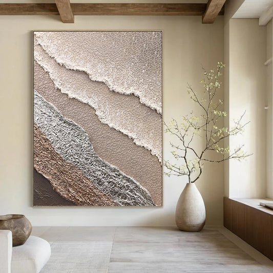 “Beige, White & Silver Textured Layered Abstract” Painting On Canvas DKH0988