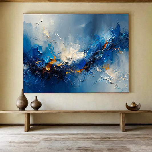 “Blue Surge” - Blue, White, Orange Abstract Action Painting On Canvas DKH704
