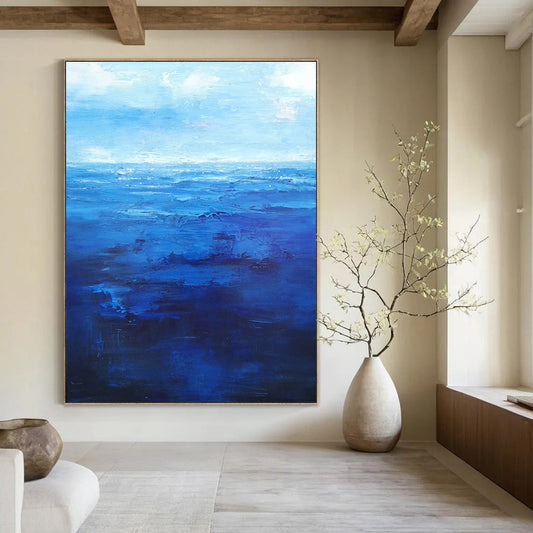 “Blue Gradient Sea ‘Infinite Depths’” - Impasto Ocean Painting On Canvas DTP345