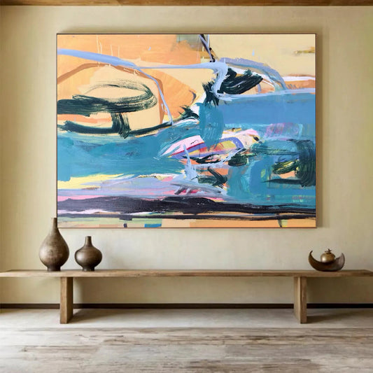 “Blue, Orange, Pink Coastal ‘Sunset Surf’” - Abstract Seascape Painting On Canvas DLZ007
