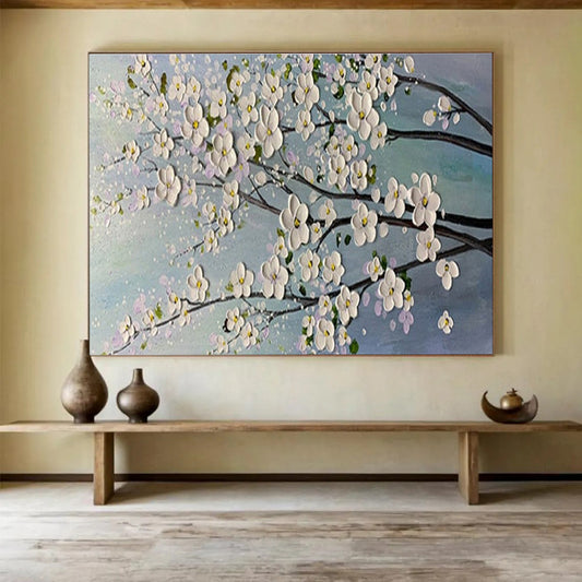 White Blossom Tree - White, Pink & Blue Floral Painting On Canvas DKH887