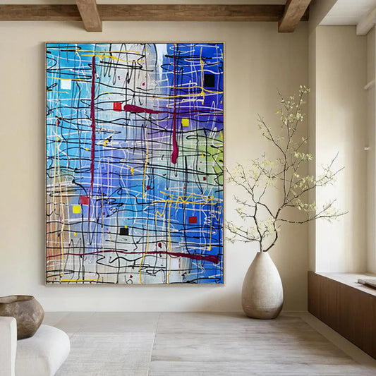 “Vibrant Line Fusion” - Blue & Multicolor Abstract Line Painting On Canvas DKH1583