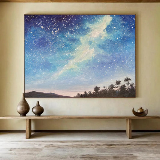 Deep Blue Starry Sky and Silhouetted Trees “Celestial Forest Vistas” Painting On Canvas DKH114