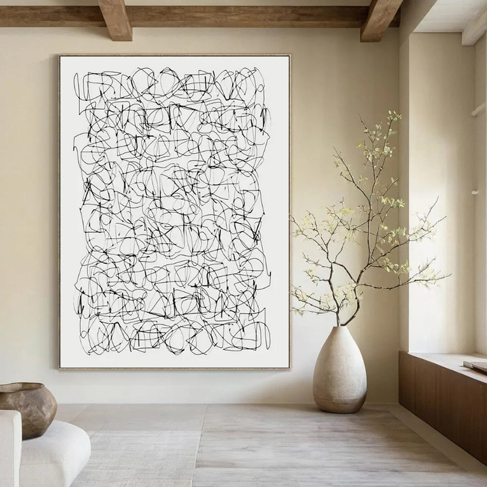 “Intricate Black & White Line Web” - Minimalist Abstract Drawing On Canvas CT2315