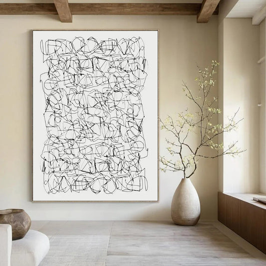 “Intricate Black & White Line Web” - Minimalist Abstract Drawing On Canvas CT2315