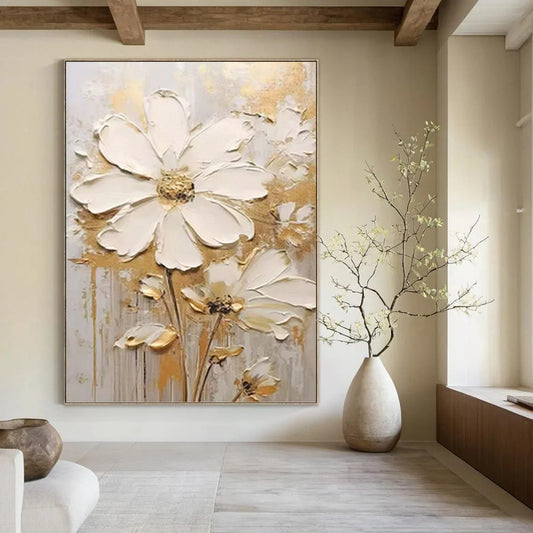 White and Gold Floral Simplicity - Impasto Flower Painting On Canvas DKH1395