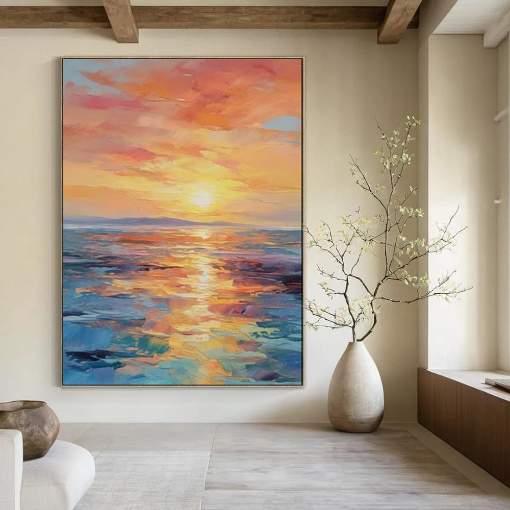“Sunset Ablaze: Impasto Maritime Landscape” - Impressionist Oil on Canvas CT1904
