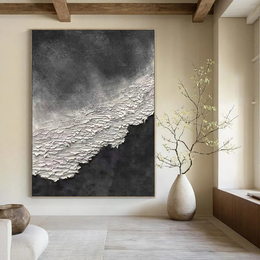 “Black, White Textured Contrast ‘Shadow & Light’” - Impasto Abstract Painting On Canvas DTP339