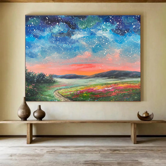 Starry Sky and Colorful Field “Enchanted Night Landscape” Painting On Canvas DKH122