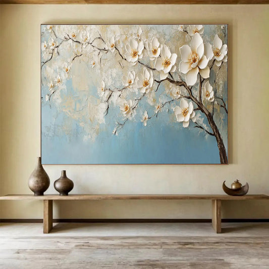Textured White Blossoms on Blue Painting On Canvas DKH671