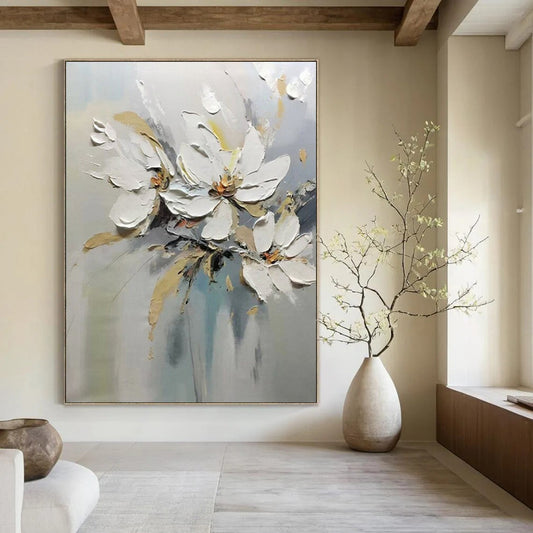 “White Floral Bouquet” - White, Beige & Gray Flower Painting On Canvas CT2201