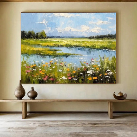 Colorful Meadow and Lake Landscape Painting On Canvas DKH271