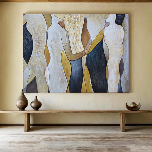 “Abstract Figures in Earth Tones” - Brown, Beige, Black Shaped Forms Painting On Canvas DKH731