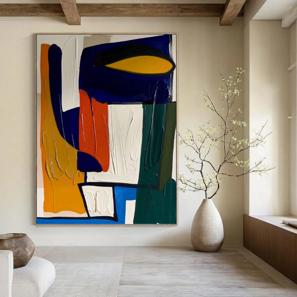 “Bold Geometric Palette” - Blue, Orange, Yellow & Green Abstract Shapes Painting On Canvas DKH1187