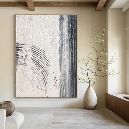 “Gray, White Textured Curves ‘Gentle Rhythm’” - Abstract Impasto Painting On Canvas DTP399