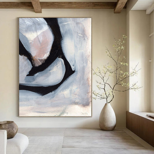 “Black & White Abstract Shapes” - Black, White Abstract Painting On Canvas DTP228