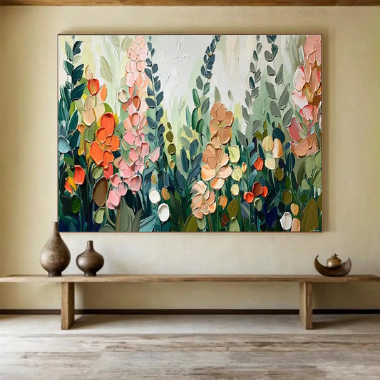 “Colorful Impasto Floral Field” - Textured Botanical Painting On Canvas DKH801