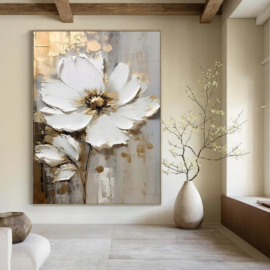 “Textured White Floral” - White, Gold, Gray 3D Flower Painting On Canvas DTP300