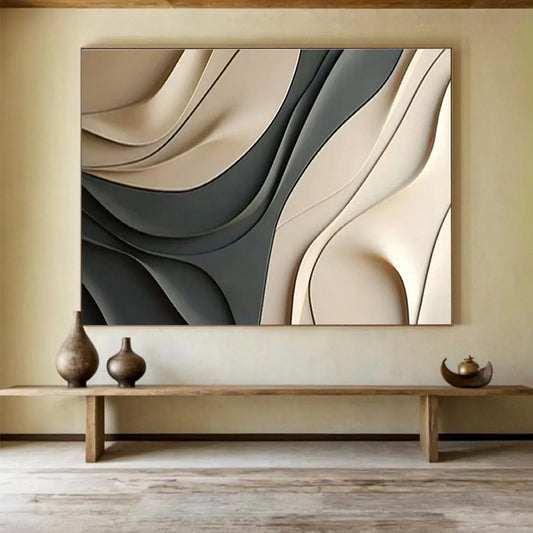 “Curved Beige - Grey 3D Forms” Abstract Sculptural Painting On Canvas DKH523