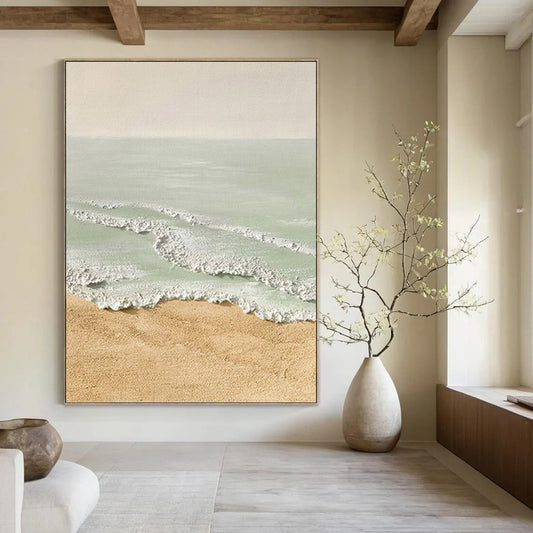 Textured Beach Scene in Beige and Green - Landscape Painting On Canvas DKH1489