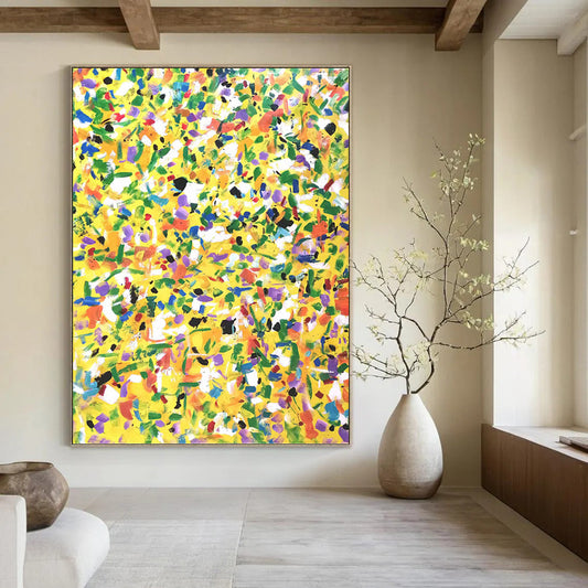 “Yellow Joy” - Bright Yellow Multicolor Abstract Drip Painting On Canvas DKH1571