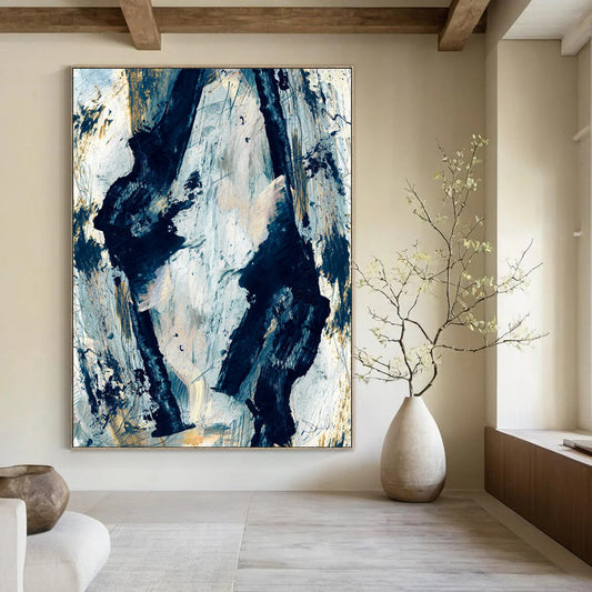 “Blue and Gold Abstract Forms” - Blue, Gold, White Abstract Painting On Canvas DTP244