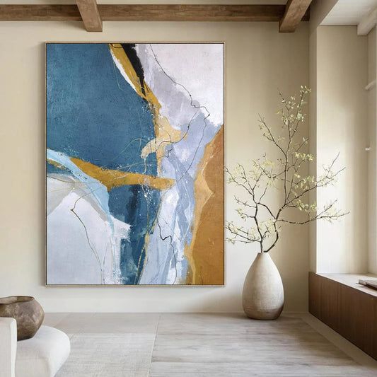 “Blue, Gold & White Linear Abstract” - Abstract Painting On Canvas CT2332