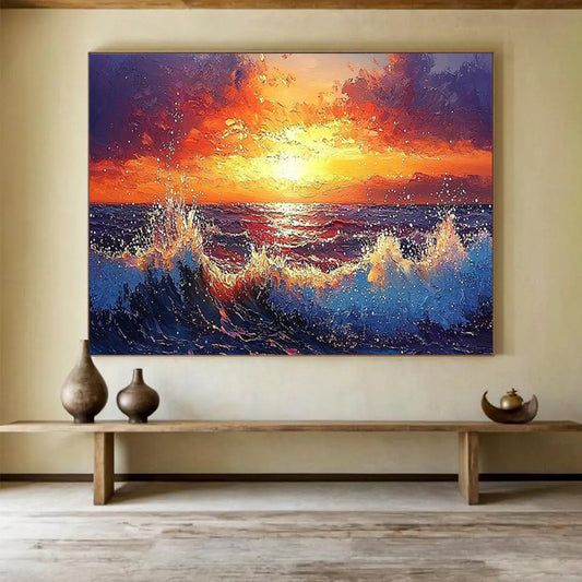 “Fiery Sunset Sea” Romanticism - inspired Seascape Painting On Canvas DLZ165
