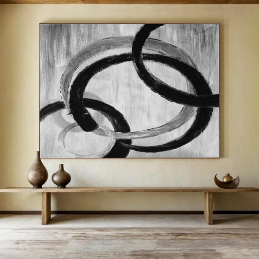 Intertwined Black and Gray Circular Abstract Painting On Canvas DKH175