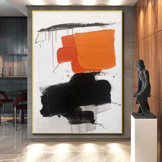 “Orange - Black - White Stacked Shapes” ,Abstract Acrylic Painting CT0789