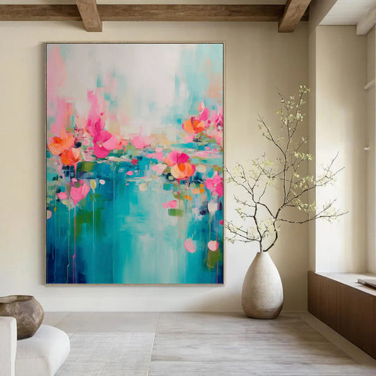 “Turquoise, Pink & Orange Floral Abstract Drip” Painting On Canvas DKH0993