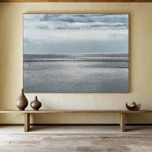 “Monochrome Sea & Sky” - Gray, White Minimalist Seascape Painting On Canvas DKH749