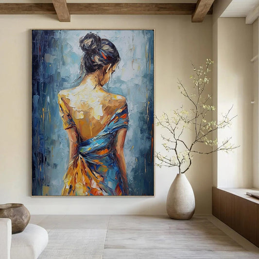 “Back View of Colorful - Dressed Woman” – Impressionistic Figure Oil Painting On Canvas CT2137