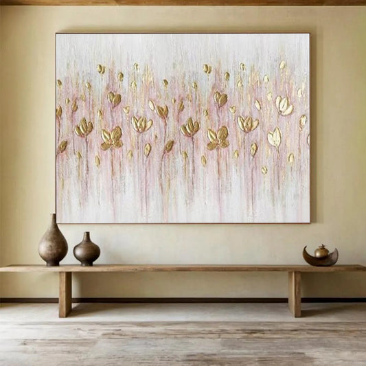 Golden Wildflowers - Pink & Gold Delicate Floral Painting On Canvas DKH875
