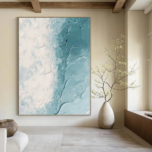 White & Teal Textured Flow - Abstract Impasto Painting On Canvas DKH1250