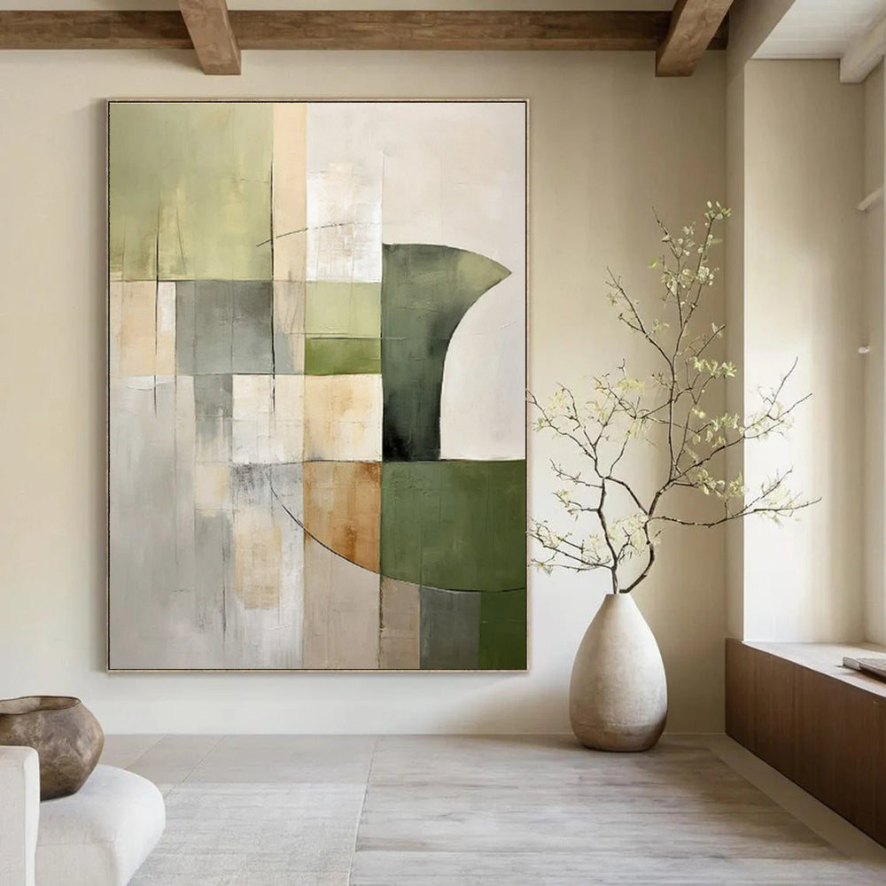 Earthy Greens, Neutrals, Geometric Shapes - "Nature’s Geometry" - Abstract Acrylic Painting CT1458