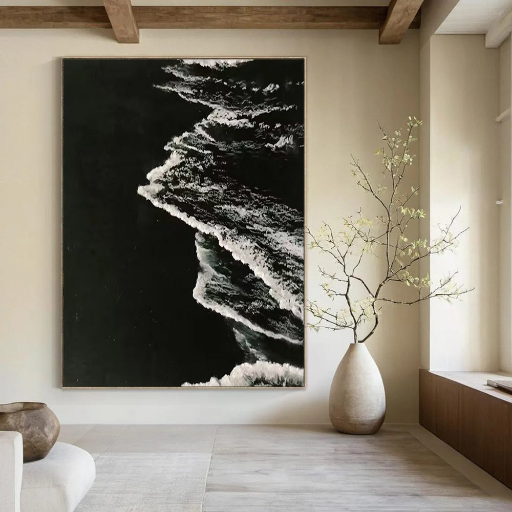 “Black, White Textured Waves ‘Nocturnal Tide’” - Impasto Monochrome Sea Painting On Canvas DTP349