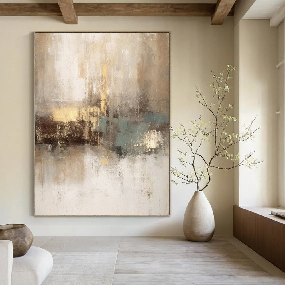 “Beige - Gold - Teal Abstract” - Abstract Expressionist Painting On Canvas DTP068