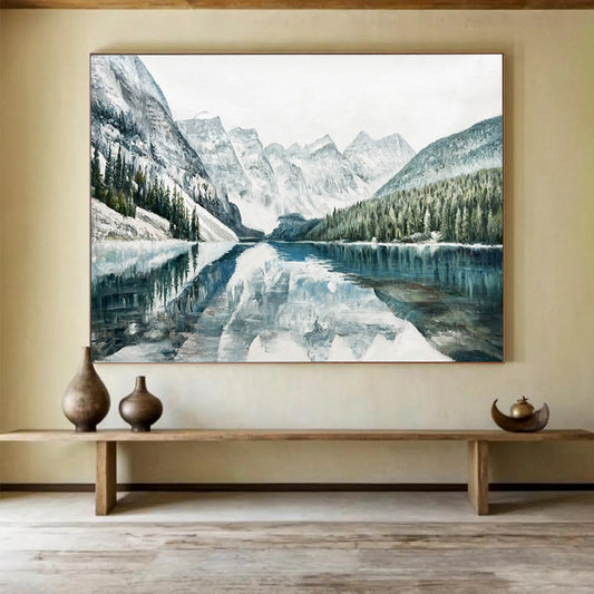 Blue and White Mountain Lake Reflection - Realist Landscape Painting On Canvas DLZ221
