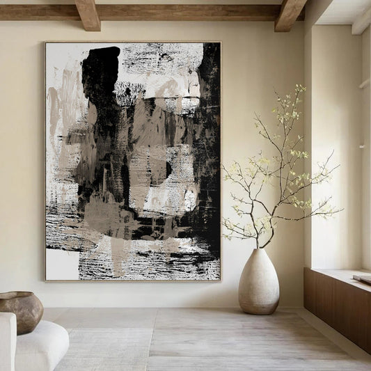 “Monochrome Abstract Layers” - Black, White & Beige Textured Painting On Canvas DKH0967