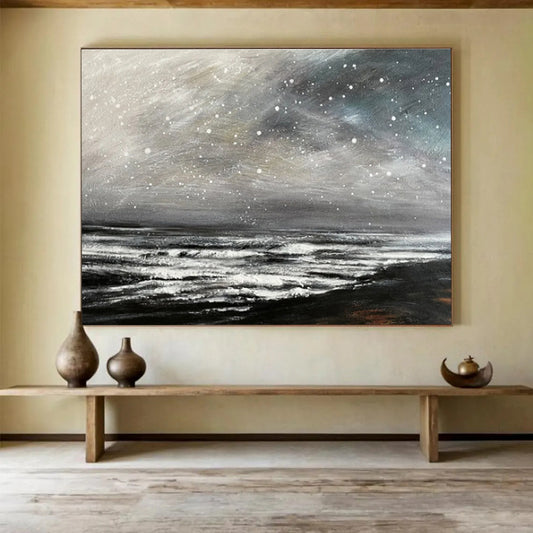 Black and White Starry Ocean “Nocturnal Wave Symphony” Painting On Canvas DKH109