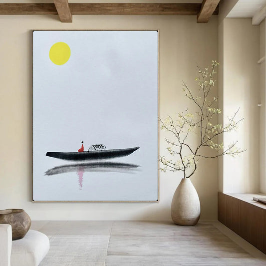 “Minimalist Chinese - Style Boat Scene” – Ink Wash - Inspired Painting On Canvas CT2163