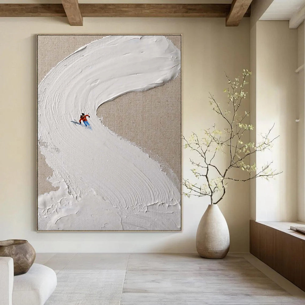 “White, Red, Blue Skiing Scene ‘Snowy Trail’” - Impasto Ski Landscape Painting On Canvas DTP311