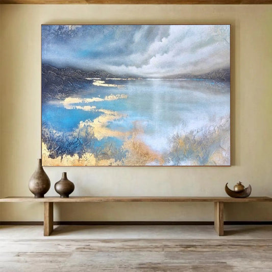 Serene Lake Reflections - Textured Landscape Painting On Canvas DLZ192