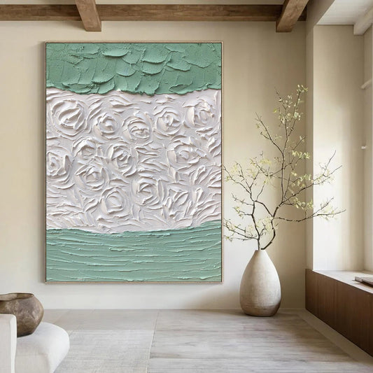 Textured White Roses on Green - Impasto Floral Painting On Canvas DKH1269