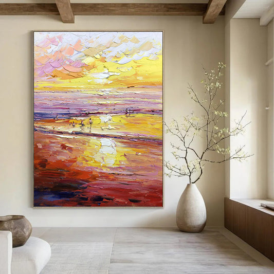 Vibrant Sunset Beach in Warm Hues - Impressionistic Landscape Painting On Canvas DKH1306