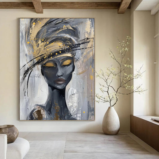 “Elegant Gold - Hatted Lady” - Gray, Black & Gold Abstract Portrait Painting On Canvas CT2197