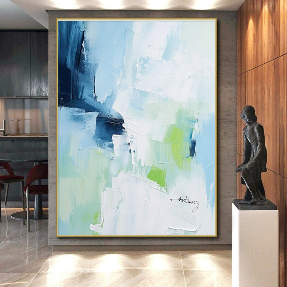 Blue, Green & White Abstract Strokes, “Fresh Breeze” - Impasto Abstract Painting CT0769
