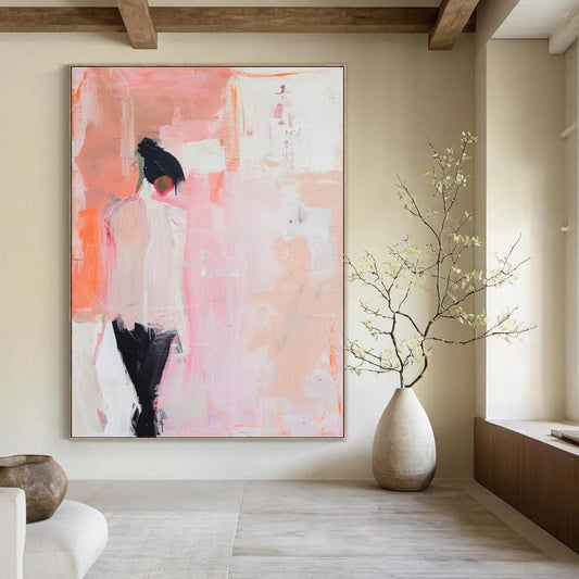 “Minimalist Figure in Pink” - Pink & Black Abstract Figure Painting On Canvas CT2205